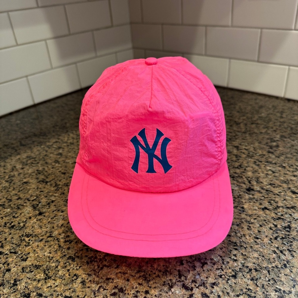 Vintage 90s New York Yankees Burger King Promo Hat Neon Pink Nylon Snapback MLB